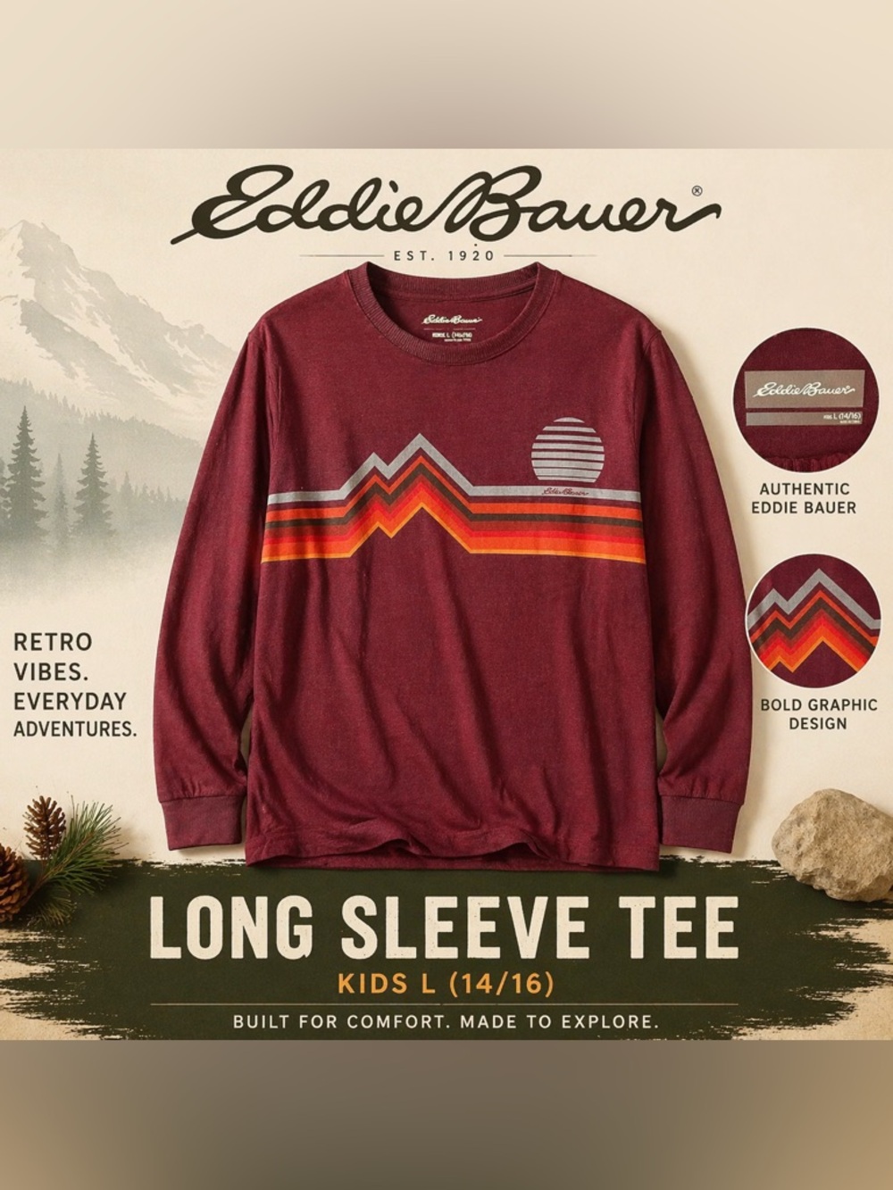 Eddie Bauer Maroon Long Sleeve Tee with Retro Mountain Stripe